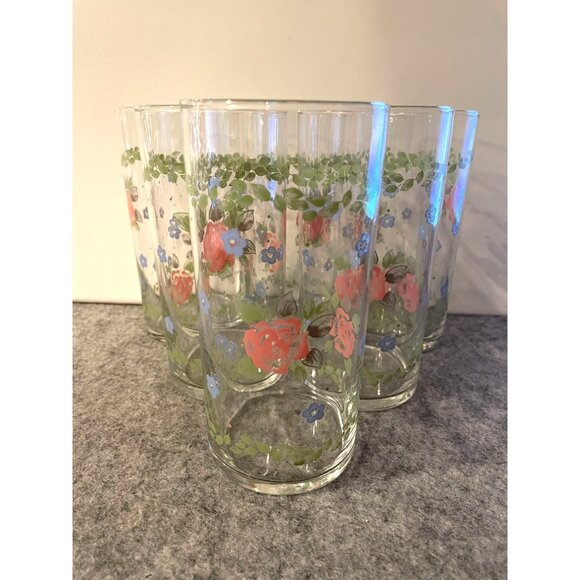 6 Vintage Libbey Pfaltzgraff Bonnie Brae Tea Rose Tumblers  5.75" Tall  # 2194 - Picture 2 of 4